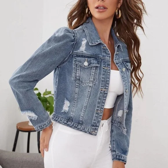 018 Boho Distressed Puff Sleeve Cropped Denim Jacket - Picture 3 of 5